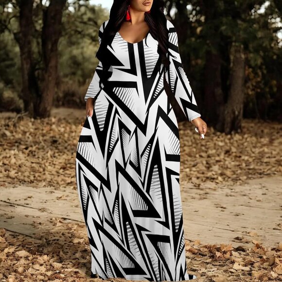 Plus Size Maxi Dress Polyester Long Sleeve Crew Neck Casual for Women - Picture 3 of 4